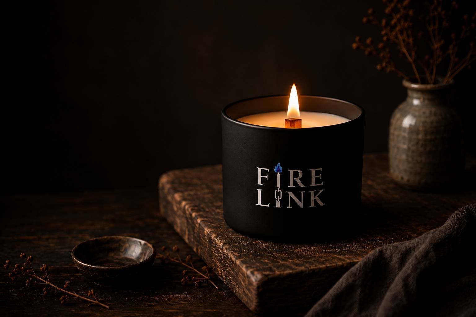 Fire Link candle burning on a wooden surface